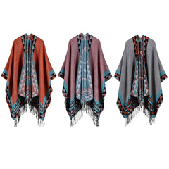 Boho Women's Geometric Knit Poncho Shawl, Faux Cashmere Tassel Cape, Oversized & Warm