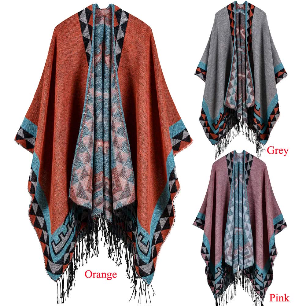 Boho Women's Geometric Knit Poncho Shawl, Faux Cashmere Tassel Cape, Oversized & Warm