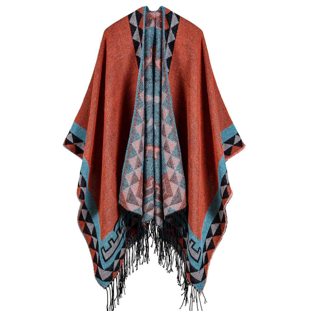 Boho Women's Geometric Knit Poncho Shawl, Faux Cashmere Tassel Cape, Oversized & Warm