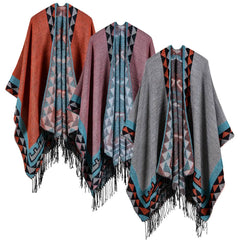 Boho Women's Geometric Knit Poncho Shawl, Faux Cashmere Tassel Cape, Oversized & Warm