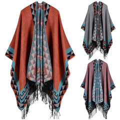 Boho Women's Geometric Knit Poncho Shawl, Faux Cashmere Tassel Cape, Oversized & Warm