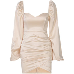 V-Neck Pleated French Court Dress, Satin Short Skirt for Socialites