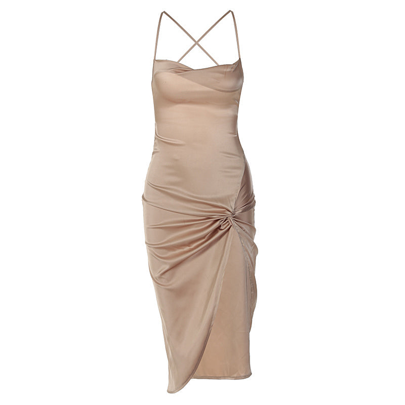 Satin Sleeveless Strap Dress with Side Slit and Irregular Hem