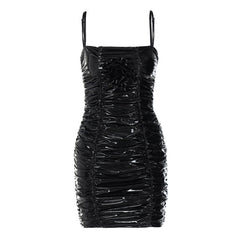 Slim Pleated PU Leather Strap Dress