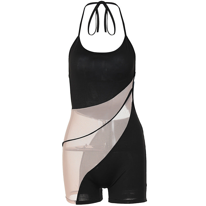 Women's Clothing Mesh Sexy Backless Lace up Shorts One-piece pants