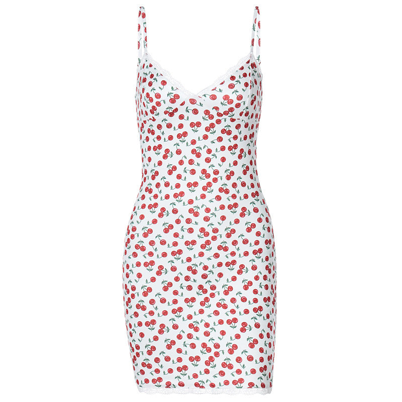 Cherry Print V-Neck Slim-Fit Sleeveless Dress