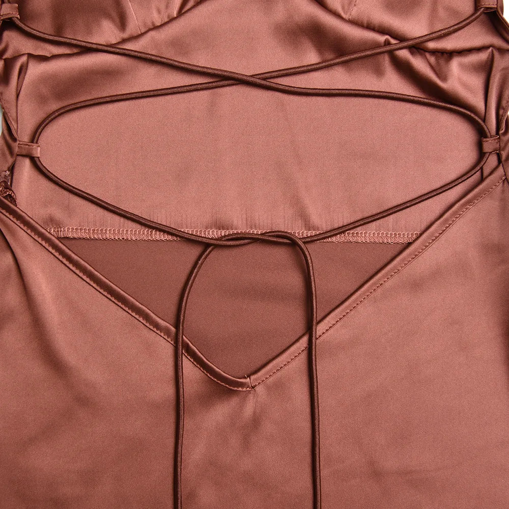 Sexy Spaghetti Strap Bodycon Satin Dress With Open Back Lace Up Female Long Dress Elegant Party Club Evening Dress