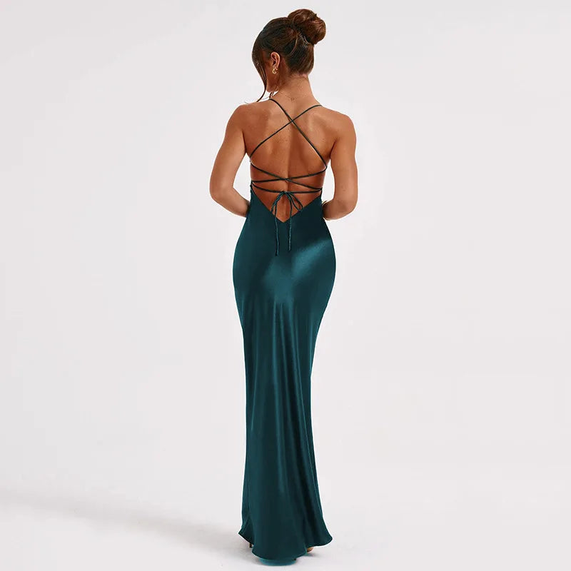 Sexy Spaghetti Strap Bodycon Satin Dress With Open Back Lace Up Female Long Dress Elegant Party Club Evening Dress