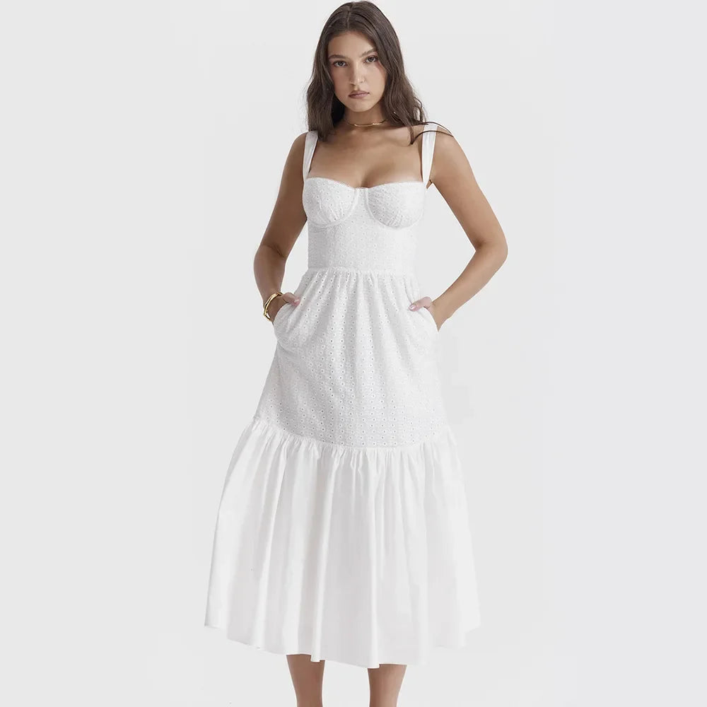 White Women's Summer Dress Linen-cotton Blend Jacquard Dress Elegant Sexy Midi Vacation Holiday Dress