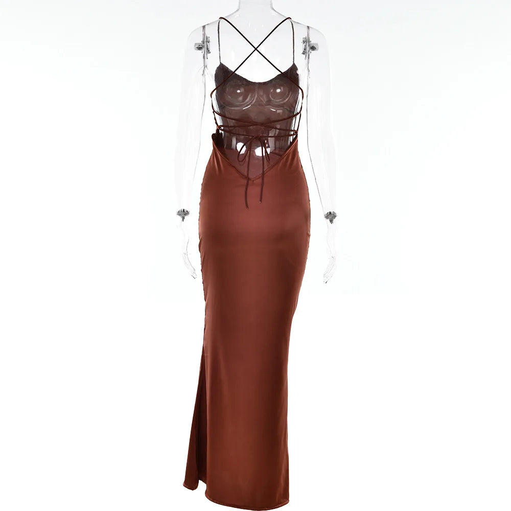 Sexy Spaghetti Strap Bodycon Satin Dress With Open Back Lace Up Female Long Dress Elegant Party Club Evening Dress