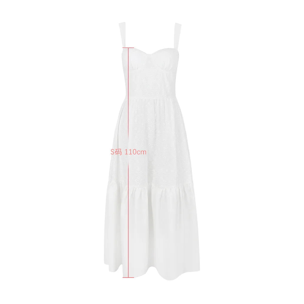 White Women's Summer Dress Linen-cotton Blend Jacquard Dress Elegant Sexy Midi Vacation Holiday Dress