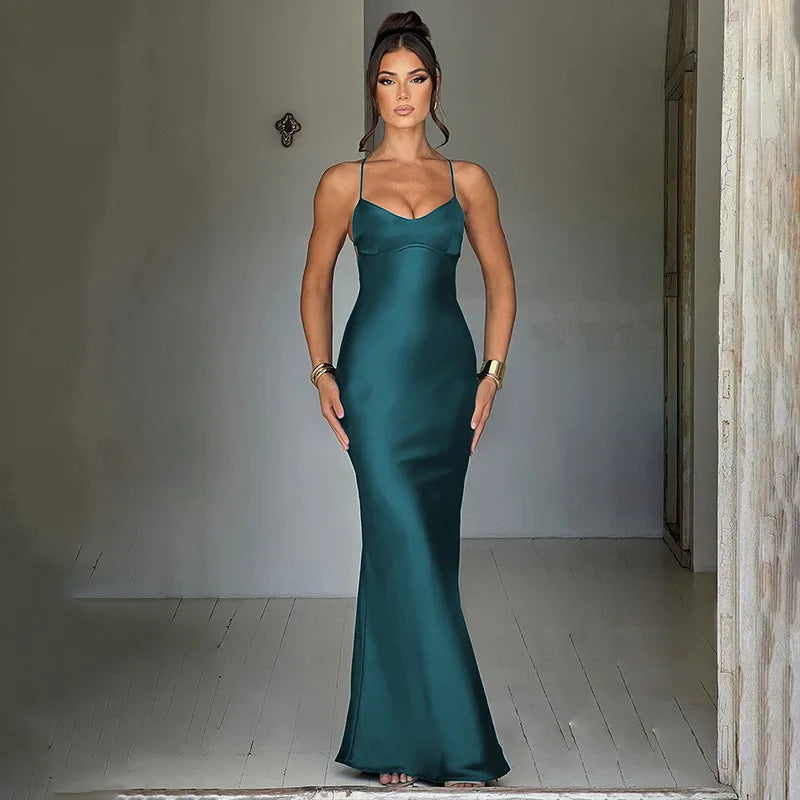 Sexy Spaghetti Strap Bodycon Satin Dress With Open Back Lace Up Female Long Dress Elegant Party Club Evening Dress