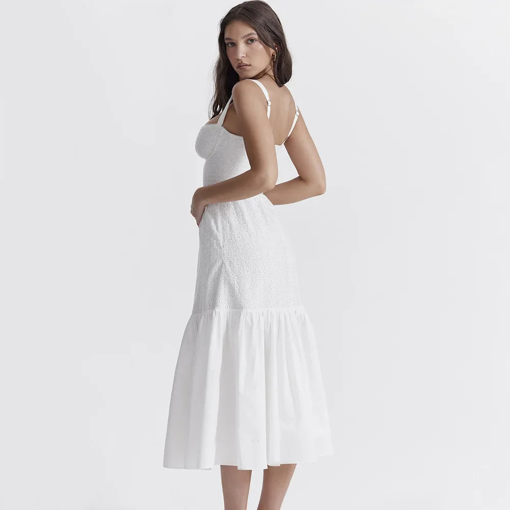 White Women's Summer Dress Linen-cotton Blend Jacquard Dress Elegant Sexy Midi Vacation Holiday Dress