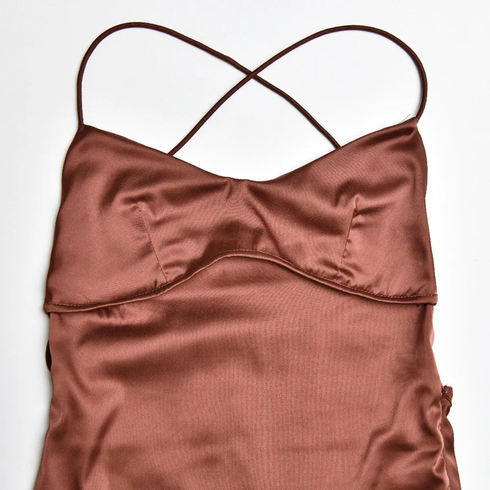 Sexy Spaghetti Strap Bodycon Satin Dress With Open Back Lace Up Female Long Dress Elegant Party Club Evening Dress