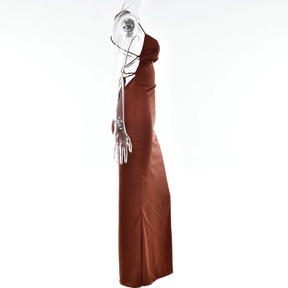 Sexy Spaghetti Strap Bodycon Satin Dress With Open Back Lace Up Female Long Dress Elegant Party Club Evening Dress