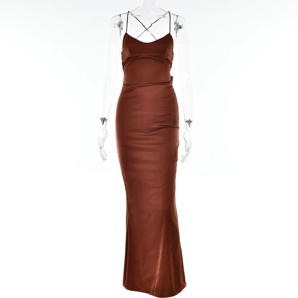 Sexy Spaghetti Strap Bodycon Satin Dress With Open Back Lace Up Female Long Dress Elegant Party Club Evening Dress