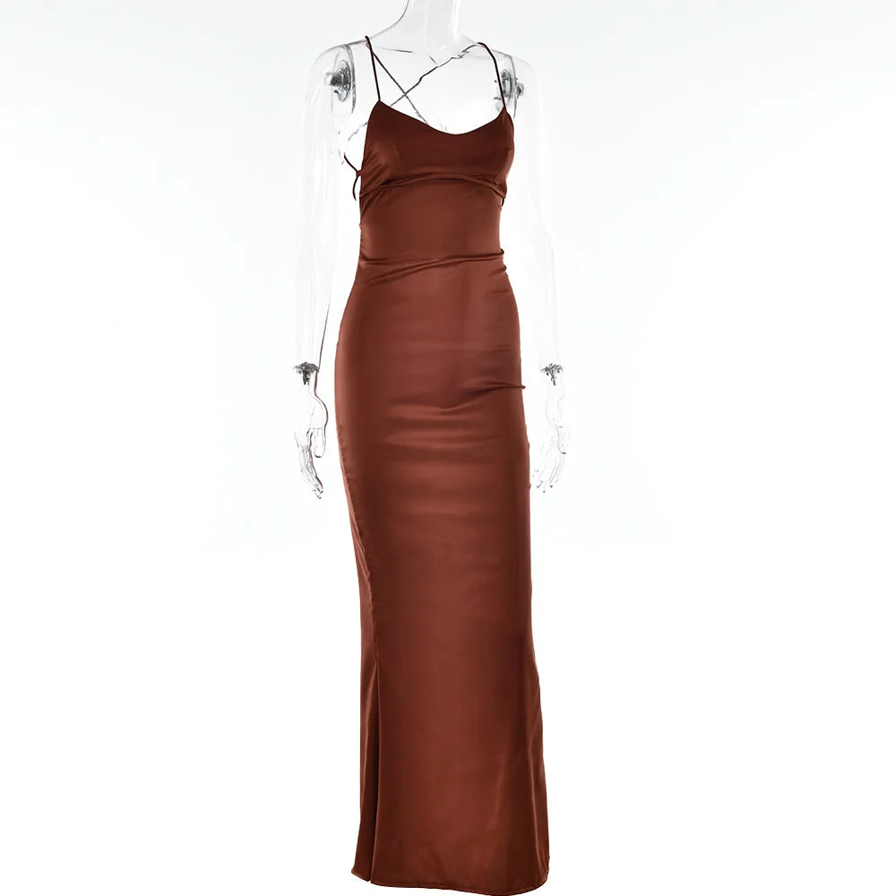 Sexy Spaghetti Strap Bodycon Satin Dress With Open Back Lace Up Female Long Dress Elegant Party Club Evening Dress