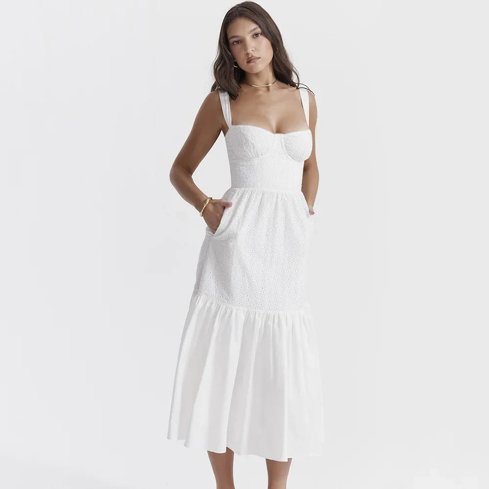 White Women's Summer Dress Linen-cotton Blend Jacquard Dress Elegant Sexy Midi Vacation Holiday Dress