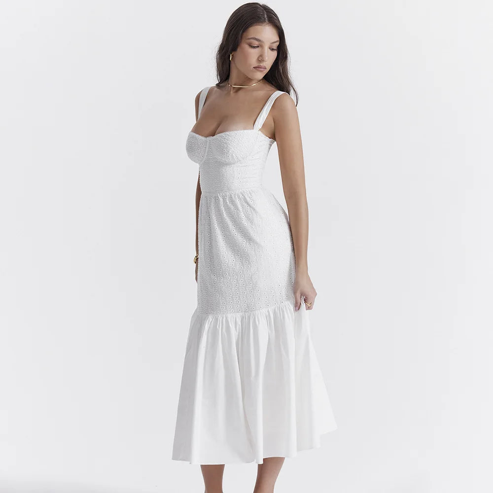 White Women's Summer Dress Linen-cotton Blend Jacquard Dress Elegant Sexy Midi Vacation Holiday Dress