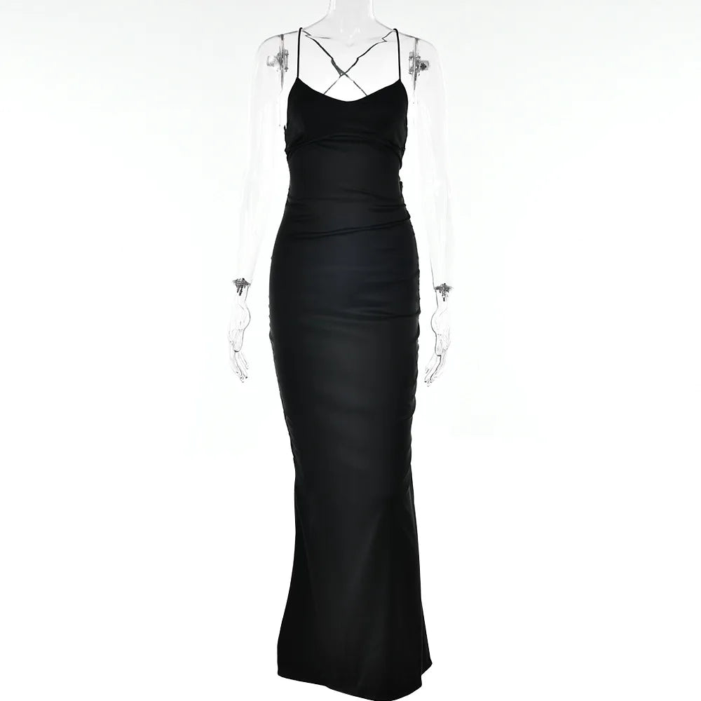 Sexy Spaghetti Strap Bodycon Satin Dress With Open Back Lace Up Female Long Dress Elegant Party Club Evening Dress