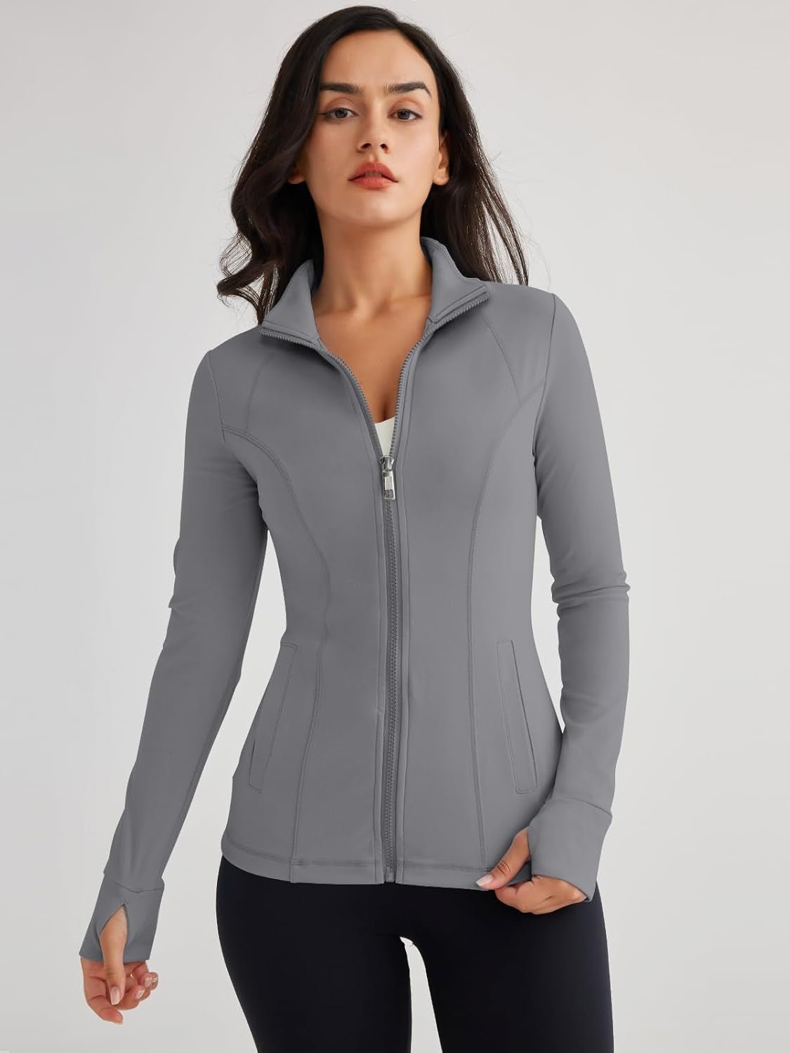 Women’s Full Zip Athletic Jacket – Breathable Lightweight Zip-Up Hoodie with Stand-Up Collar, Thumb Holes, and Zipper Pockets for Exercise and Outdoor Activities