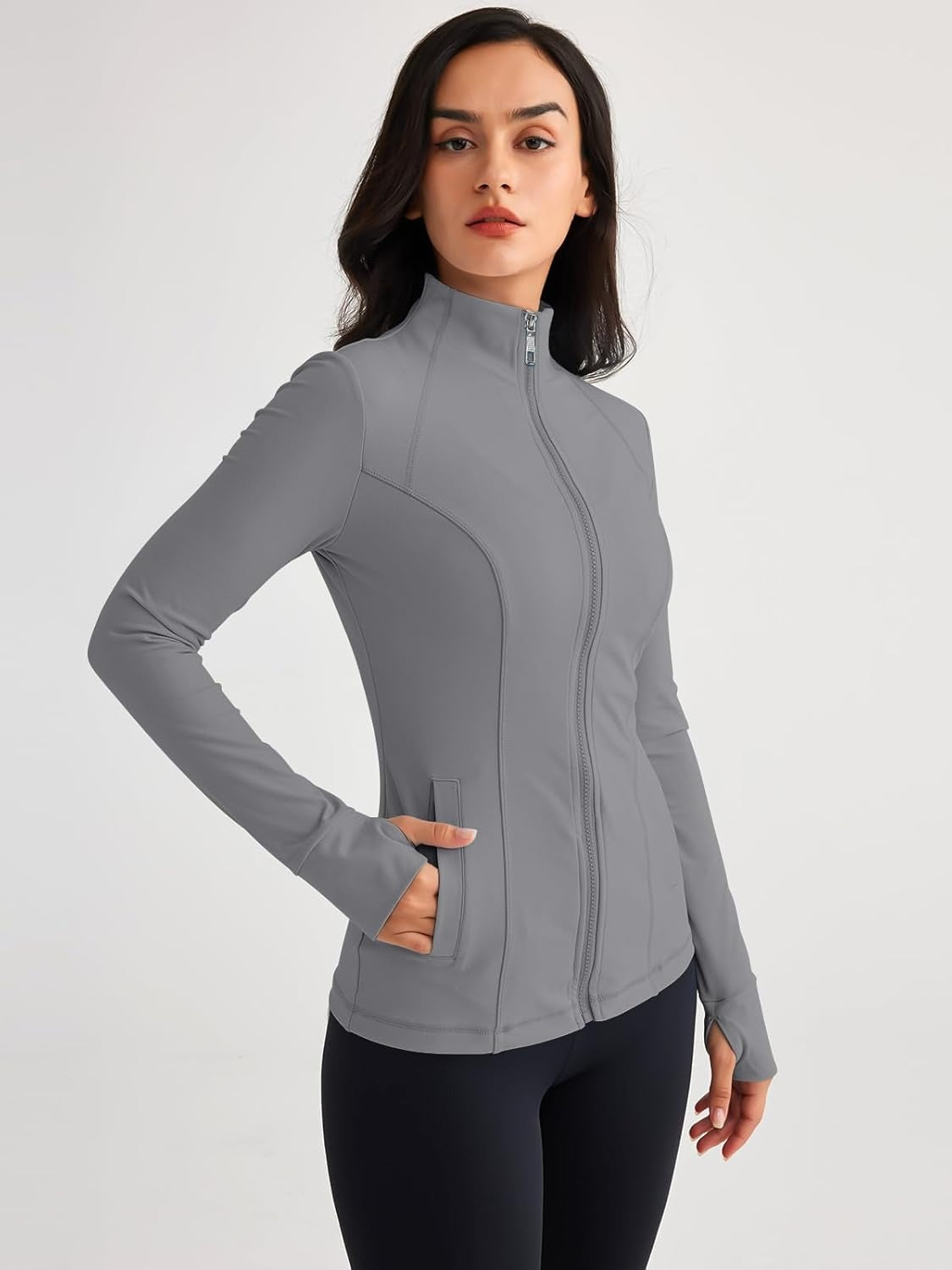 Women’s Full Zip Athletic Jacket – Breathable Lightweight Zip-Up Hoodie with Stand-Up Collar, Thumb Holes, and Zipper Pockets for Exercise and Outdoor Activities