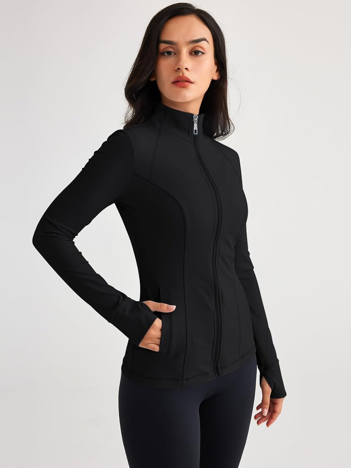 Women’s Full Zip Athletic Jacket – Breathable Lightweight Zip-Up Hoodie with Stand-Up Collar, Thumb Holes, and Zipper Pockets for Exercise and Outdoor Activities