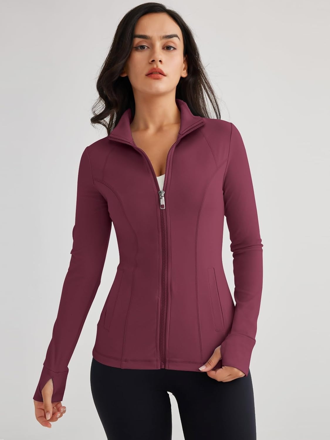 Women’s Full Zip Athletic Jacket – Breathable Lightweight Zip-Up Hoodie with Stand-Up Collar, Thumb Holes, and Zipper Pockets for Exercise and Outdoor Activities