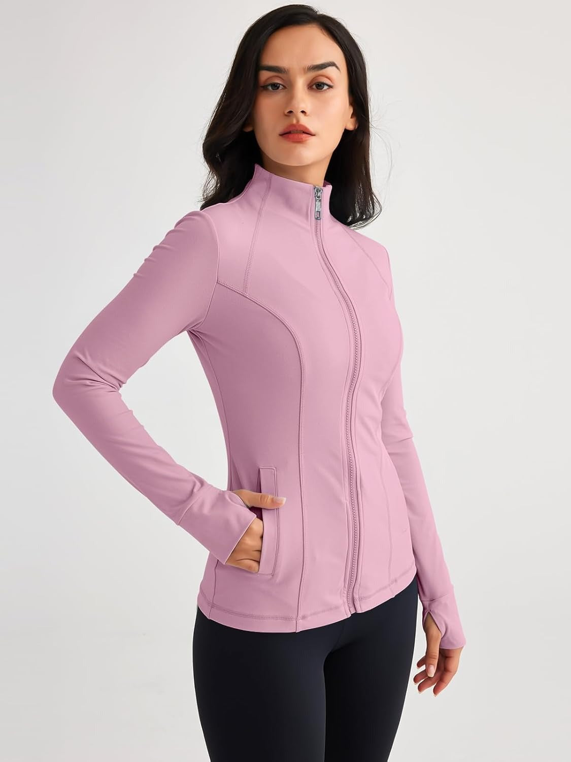 Women’s Full Zip Athletic Jacket – Breathable Lightweight Zip-Up Hoodie with Stand-Up Collar, Thumb Holes, and Zipper Pockets for Exercise and Outdoor Activities