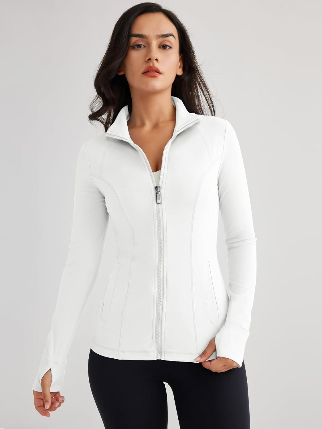 Women’s Full Zip Athletic Jacket – Breathable Lightweight Zip-Up Hoodie with Stand-Up Collar, Thumb Holes, and Zipper Pockets for Exercise and Outdoor Activities