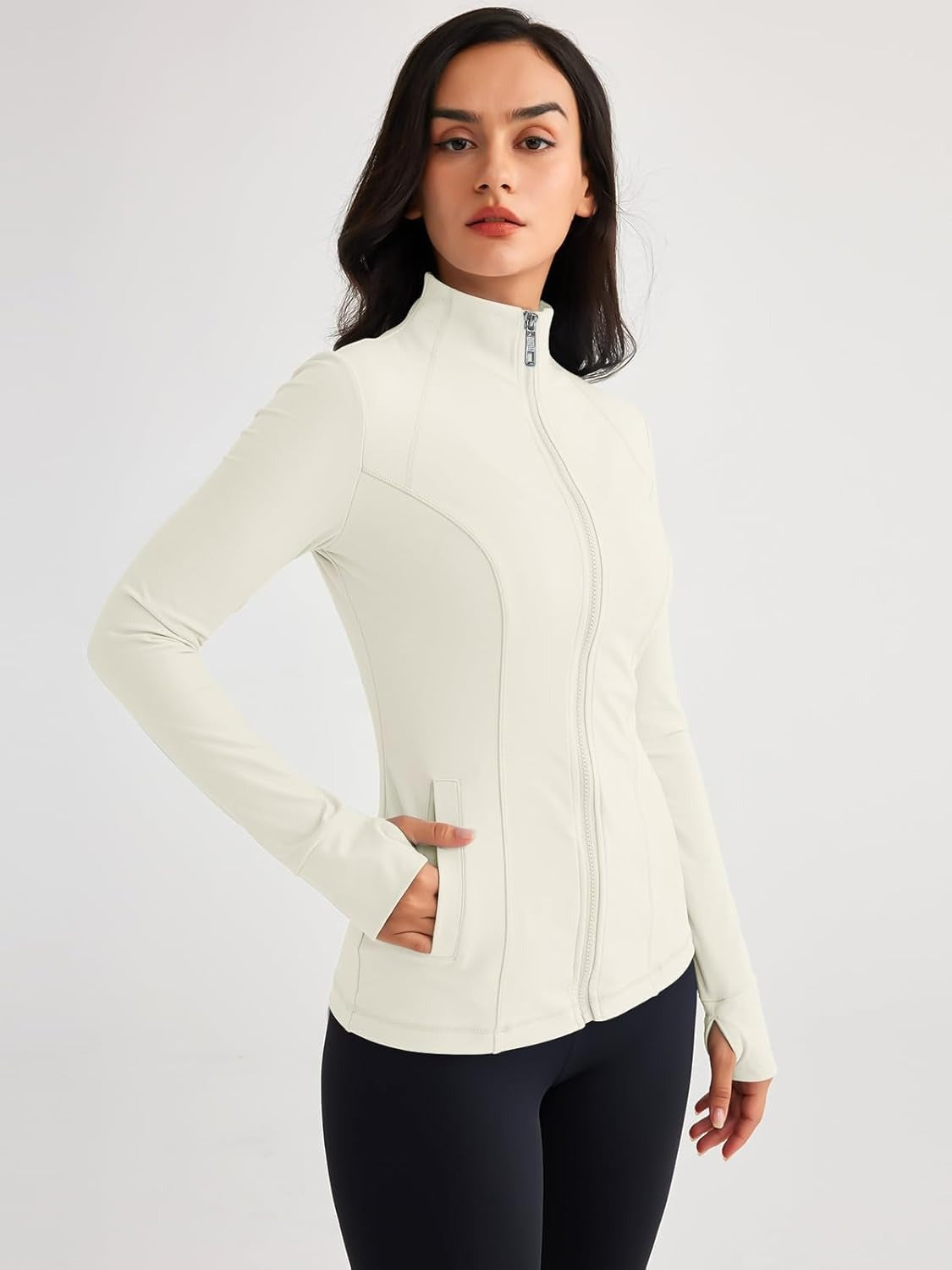 Women’s Full Zip Athletic Jacket – Breathable Lightweight Zip-Up Hoodie with Stand-Up Collar, Thumb Holes, and Zipper Pockets for Exercise and Outdoor Activities