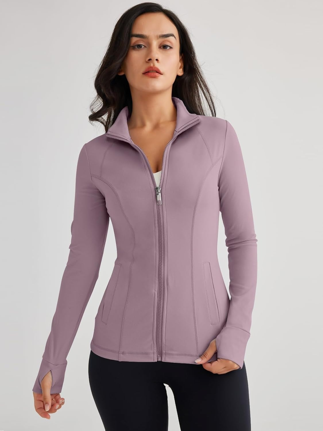 Women’s Full Zip Athletic Jacket – Breathable Lightweight Zip-Up Hoodie with Stand-Up Collar, Thumb Holes, and Zipper Pockets for Exercise and Outdoor Activities