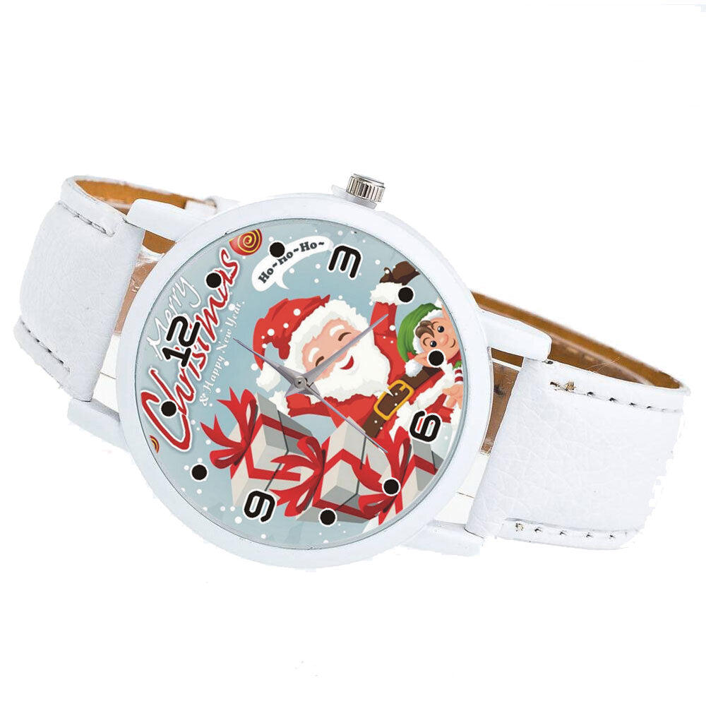 Christmas Santa Claus with Gift Pattern Cute Watch Leather Strap Men Women Quartxz Watch