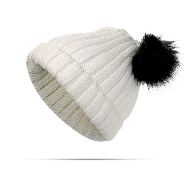 Women's Knitted Winter Beanie with Pom Pom - Warm, Soft Fur Ball Cap