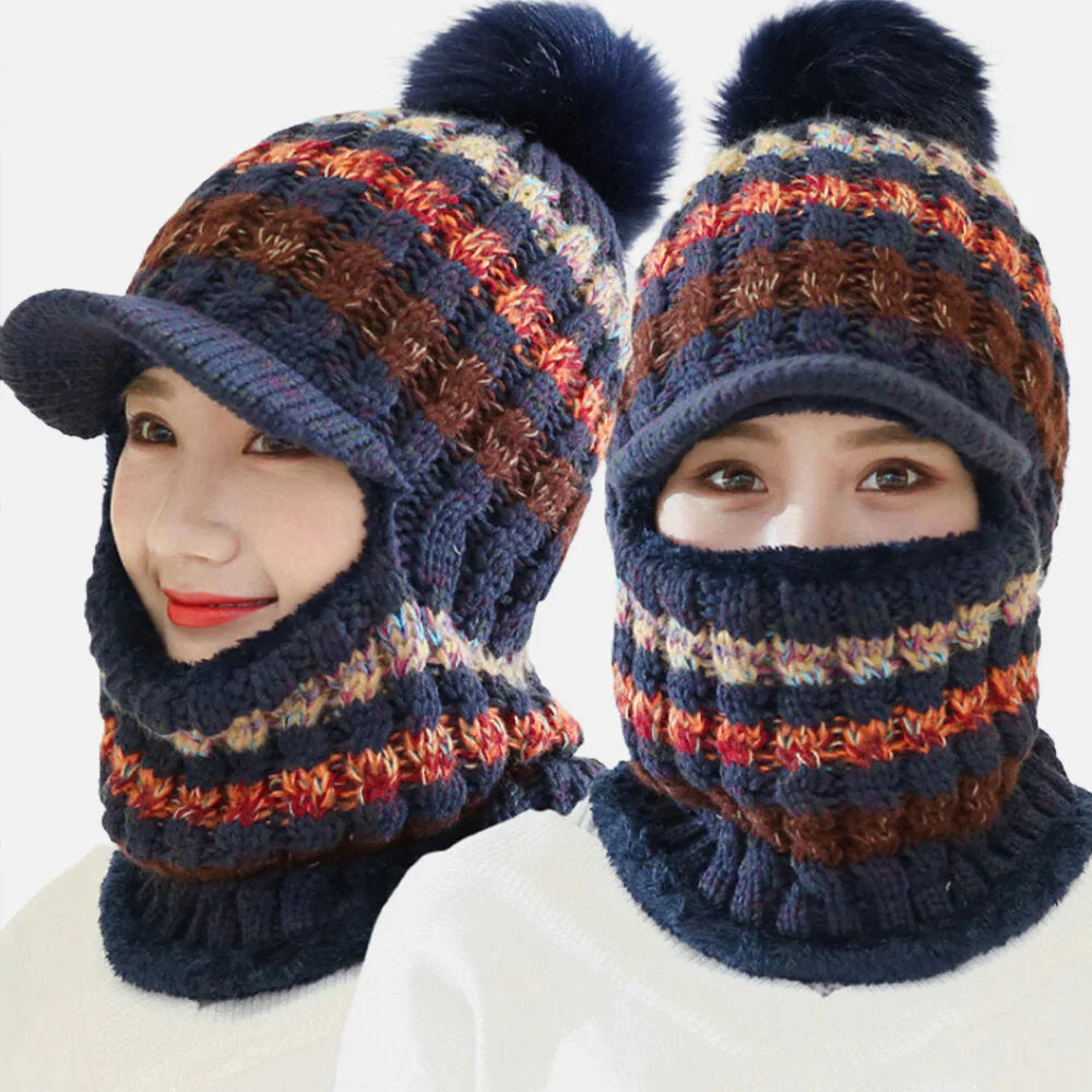 Women's Wool Knitted Hat: Warm, Windproof, Plus Velvet, Neck & Face Protection for Riding