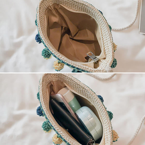 Straw Tassel Leisure Zipper Bucket Bag Shoulder Bag For Women