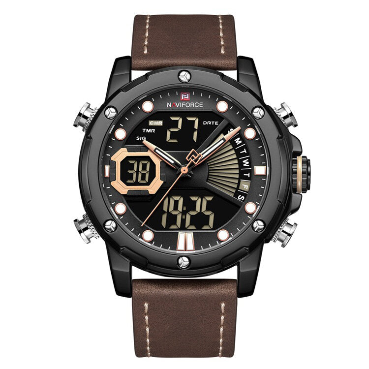 Casual Luminous Pointer Calendar Alarm Stopwatch Dual Time Display Genuine Leather Strap 3ATM Waterproof Men Watch