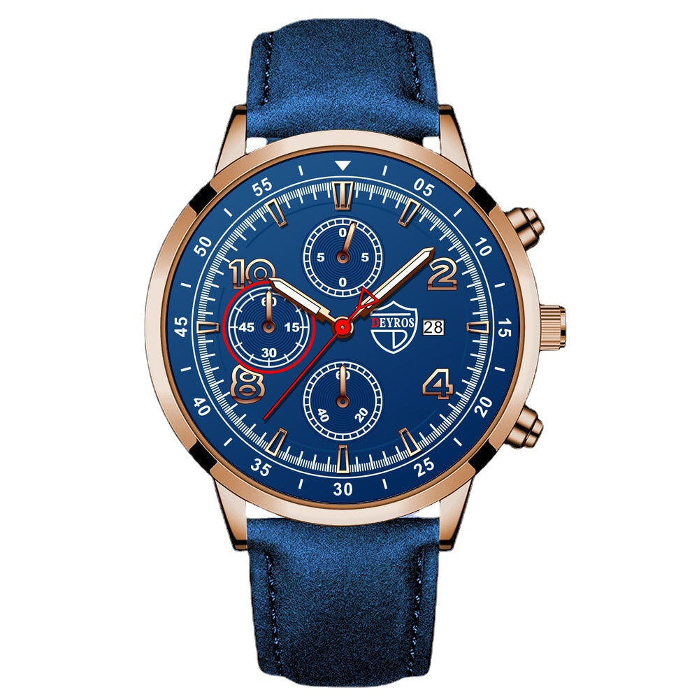 6 Colors Alloy Faux Leather Strap Business Casual Three Eyes Decor Luminous Calendar Quartz Watch