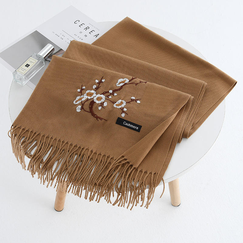 Elegant Plum Embroidery Tassel Scarf Shawl for Women - Winter Ethnic Style