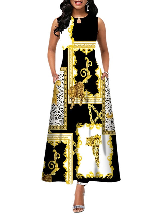 Women's Sleeveless Floral Crew Neck Casual Loose Fit Long Dress With Pocket