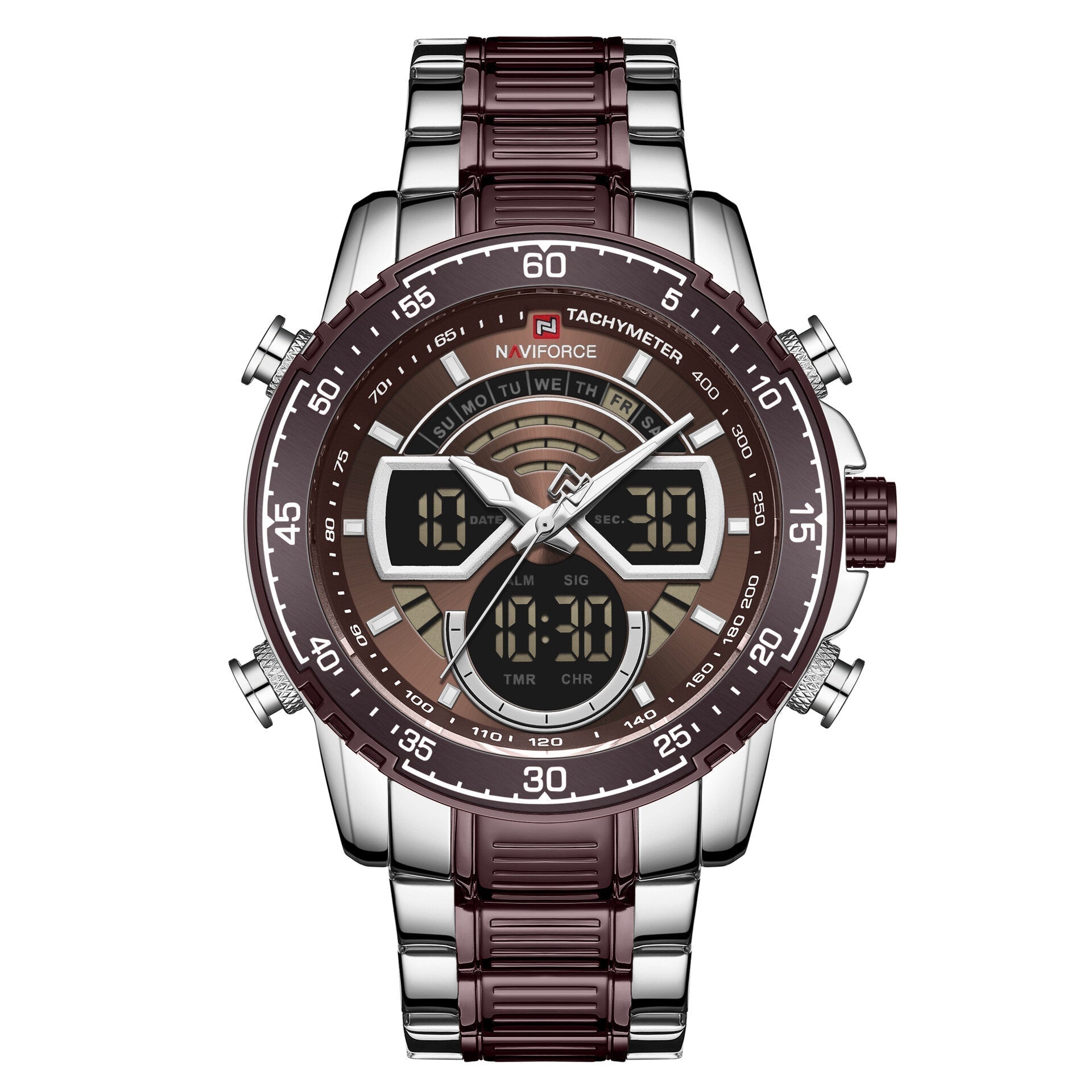 Casual Men Digital Watch Luminous Pointer with Calendar Dial Stainless Steel Strap 3ATM Waterproof Dual Display Watch