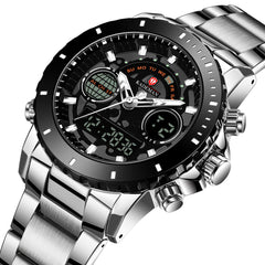 Full Stainless Steel Strap Countdown Alarm 30M Waterproof Dual Display Digital Watch