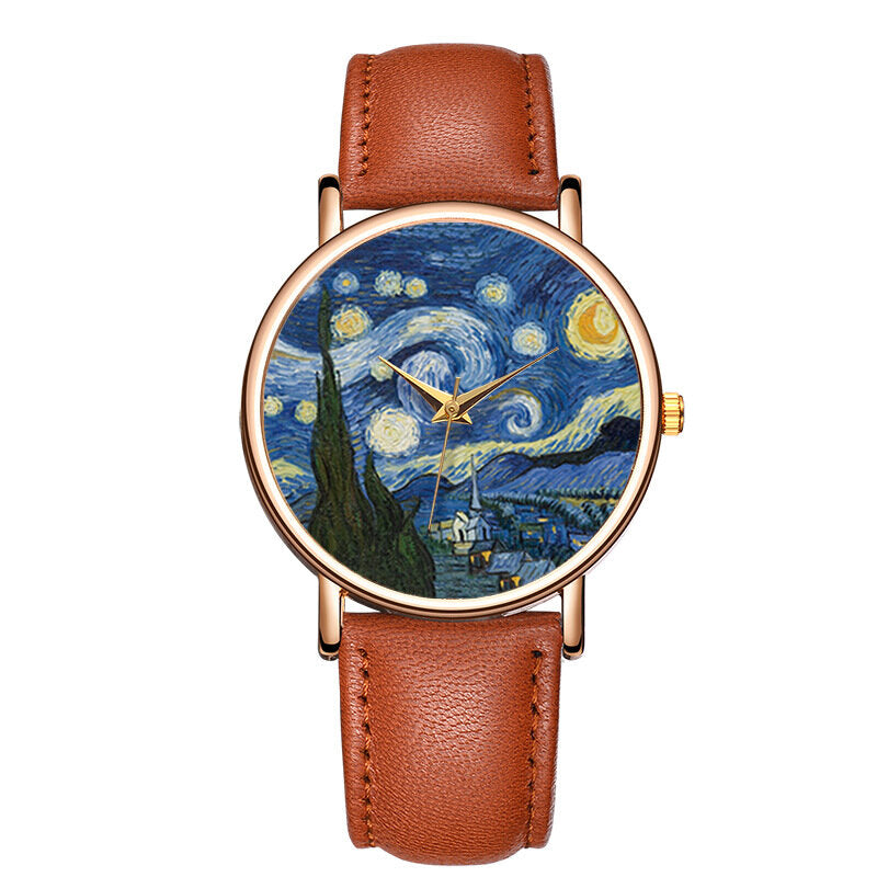 Casual Impressionist Art Painting Dial PU Leather Strap Men Quartz Watch