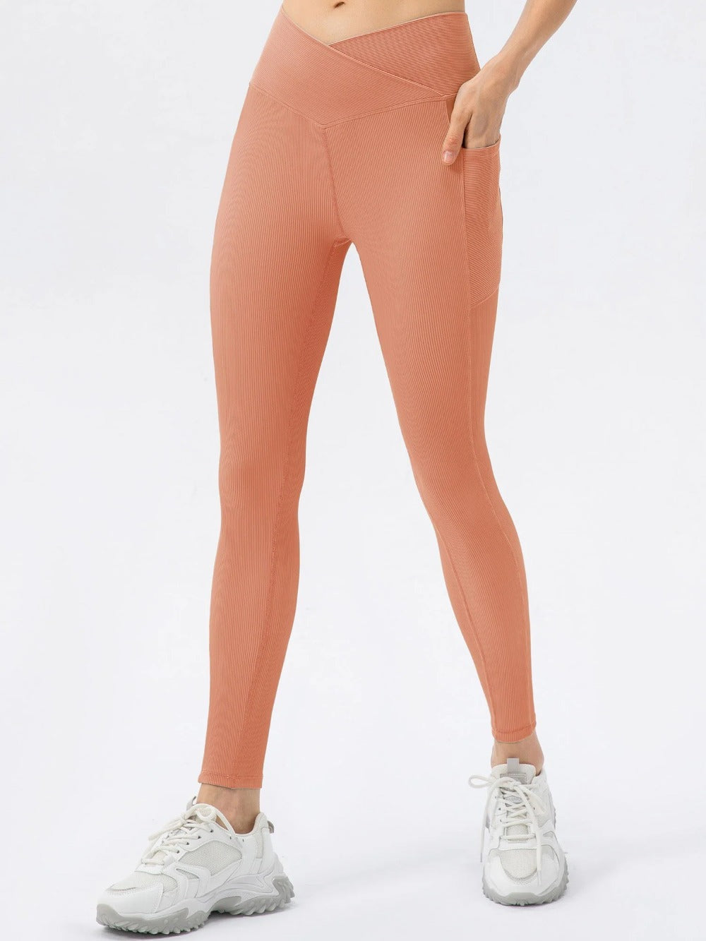 Women Sports Leggings Yoga Tights with Pockets Ribbed Pants