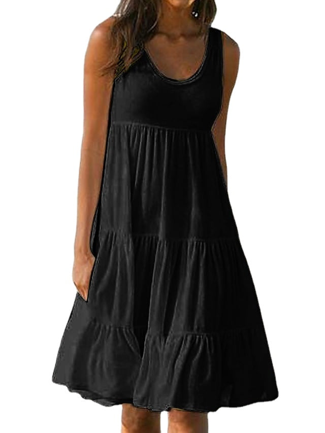 Women's Sleeveless Solid Color Ruched Round Neck Casual Beach Vacation Dress