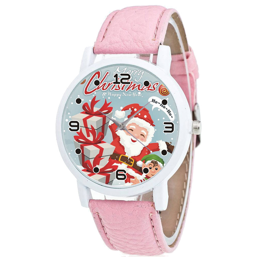 Christmas Santa Claus with Gift Pattern Cute Watch Leather Strap Men Women Quartxz Watch