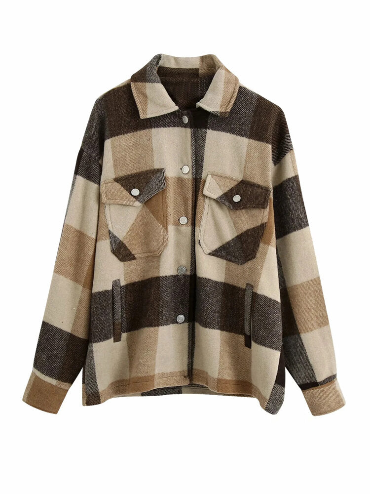Women Plaid Button Front Lapel Long Sleeve Casual Coats With Multi Pocket
