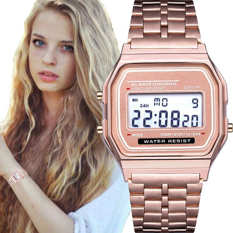 Fashion Casual 12/24 Hour LED Display Countdown Stopwatch Steel Strap Waterproof Women Digital Watch