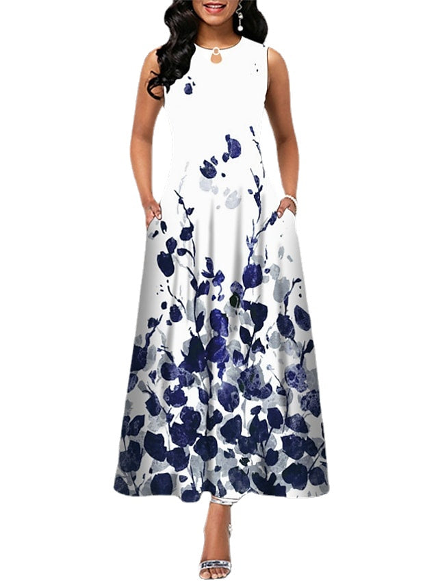 Women's Sleeveless Floral Crew Neck Casual Loose Fit Long Dress With Pocket