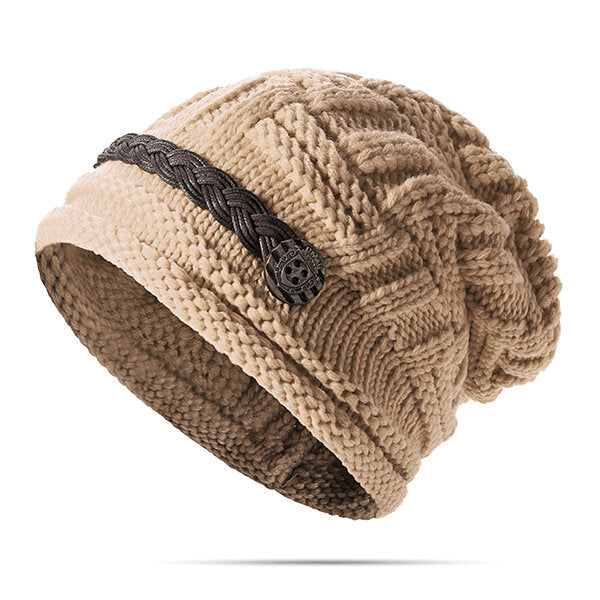 Women's Crochet Knit Beanie Hat with Button Detail - Baggy Style